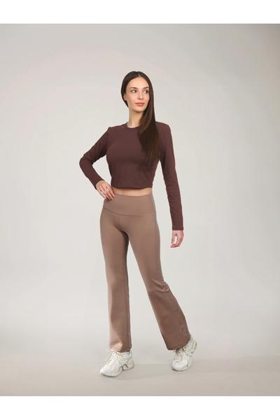 RARE SEASON Kadın Ultra Yumuşak İspanyol Paça Yüksek Belli Vizon Rengi Tayt