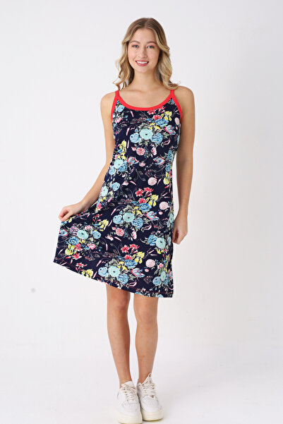 İntensive Navy Blue Patterned 100% Cotton Women's Strappy Dress