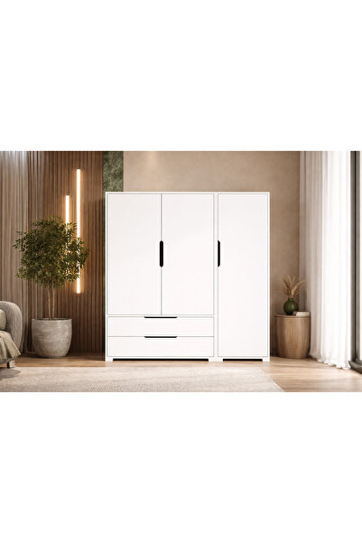 VM VERTEX MOBİLYA Flora 3 Kapaklı 2 Çekmeceli Gardırop Beyaz Elbise Dolabı