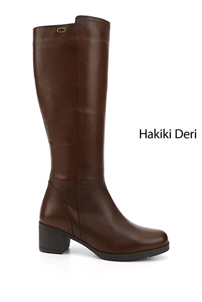 GÖNDERİ(R) Kadın Kahve Antik Fermuarlı Kalın Topuklu Hakiki Deri Çizme