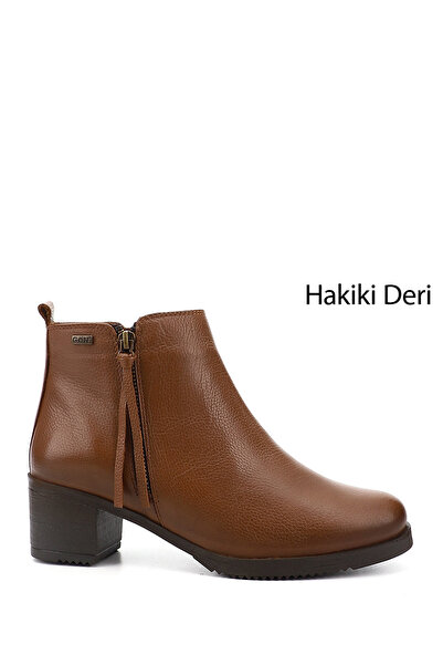 GÖNDERİ(R) Kadın Taba Floter Fermuarlı Kalın Topuklu Hakiki Deri Bot