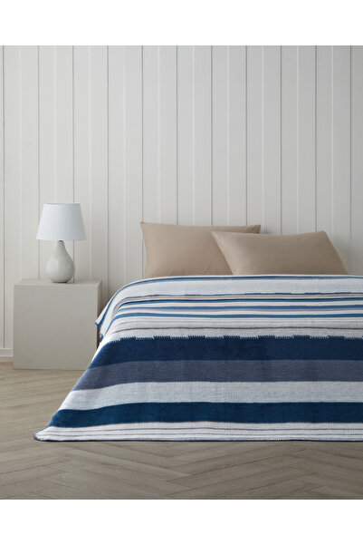 English Home Fancy Line Pamuk Akrilik Çift Kişilik Battaniye 200x220 cm Mavi