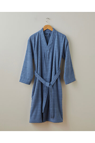 English Home Halat de baie cu dungi Sandy Stripe din bumbac S-M bleumarin