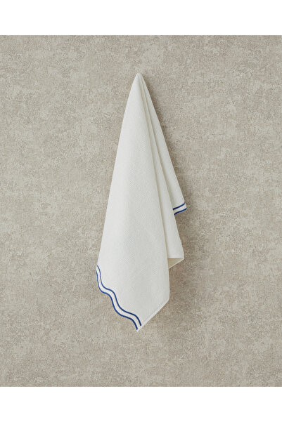 English Home Памучна бродирана кърпа за лице Retro Waves, екрю - синя