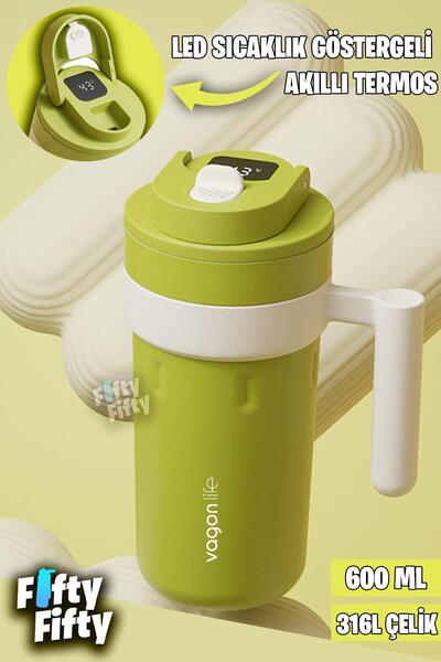 Vagonlife 600 ML LED Sıcaklık Göstergeli Akıllı Çelik Termos Kulplu -Kahve Ba...