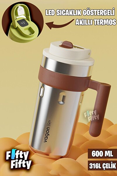 Vagonlife 600 ML LED Sıcaklık Göstergeli Akıllı Çelik Termos Kulplu -Kahve Ba...