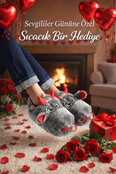 ARONA Gri Boğa Sessiz Taban Peluş Panduf - Unisex Ev Pandufu