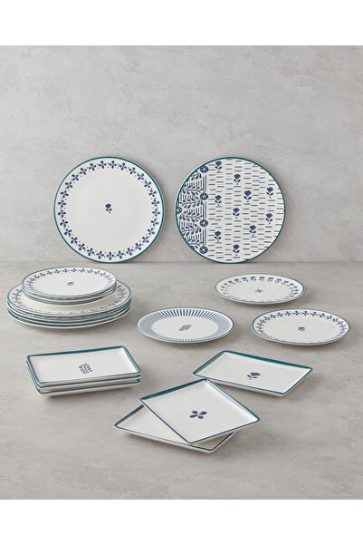 English Home Wells Porselen Kahvaltı ve Sunum Seti 18 Parça 6 Kişilik Mavi