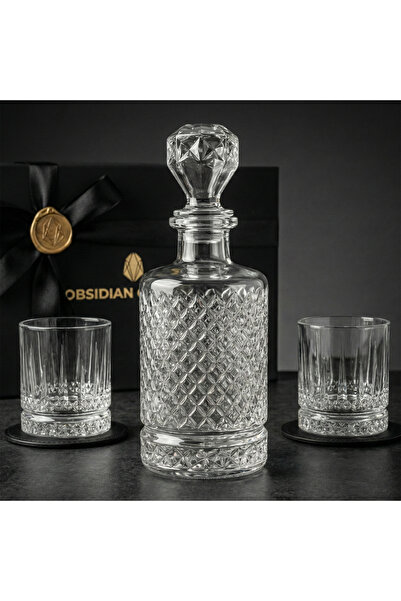 Obsidian Classics Lounge Serisi - Cam Karaf & 2'li Özel Bardaklı Deri Altlıkl...