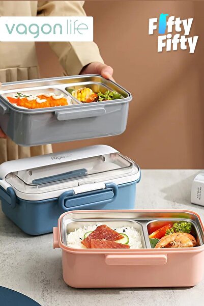 Vagonlife Tek Kat Çift Bölme Bento Lunch Box Ofis-Okul İçin Yeni Nesil Sefer Tası Paslanmaz Çelik 58