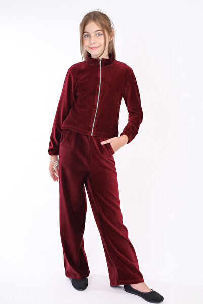 Toontoy Kız Çocuk 2'li Takım Dik Yaka Fermuarlı Sweatshirt & Beli Lastikli Ce...