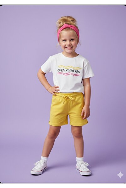 Çikoby طقم شورت بخصر مطاطي تي شيرت مطبوع للفتيات