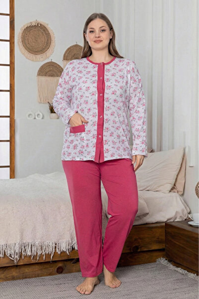 Farya Home Büyük Beden Pamuklu Cepli Çiçekli Önden Düğmeli Pijama Takımı