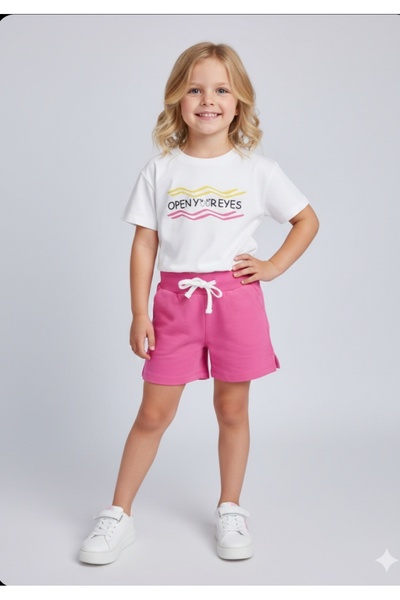 Çikoby Girl's Printed T-Shirt Elastic Waist Shorts Set