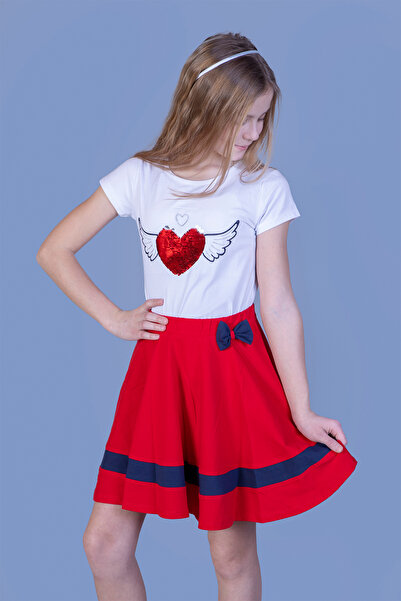 Toontoy طقم مكون من قطعتين للفتيات: تي شيرت مطرز بالترتر وياقة دائرية وتنورة ...