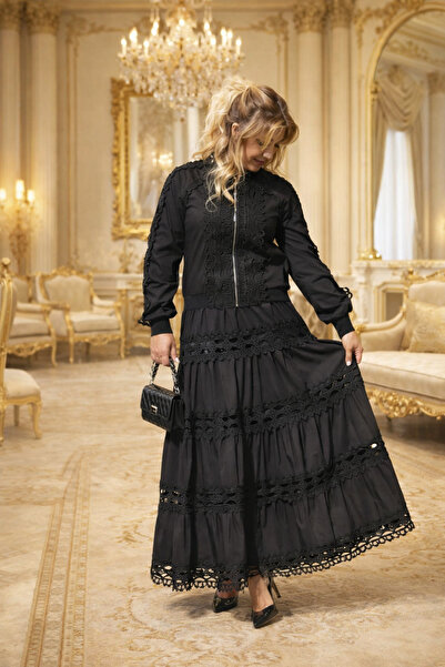 Yeşilmoda بدلة، جاكيت وتنورة، سحاب، حجاب، أسود، مبطن، مبطّن، دانتيل عمل، ماكس...