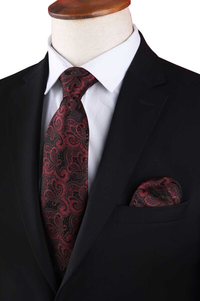 Kravatkolik Bordo Şal Desen Mendilli Klasik Kravat KK13124