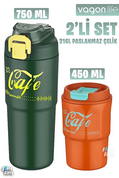 Vagonlife 2'li Çelik Termos-Kahve Bardağı Seti 750ML Çift Kullanım Termos//45...