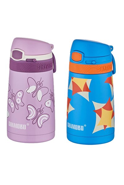 Shamobo Set of 2 Steel Thermos with Straw 350ml -6 Hours Heat Insulation-