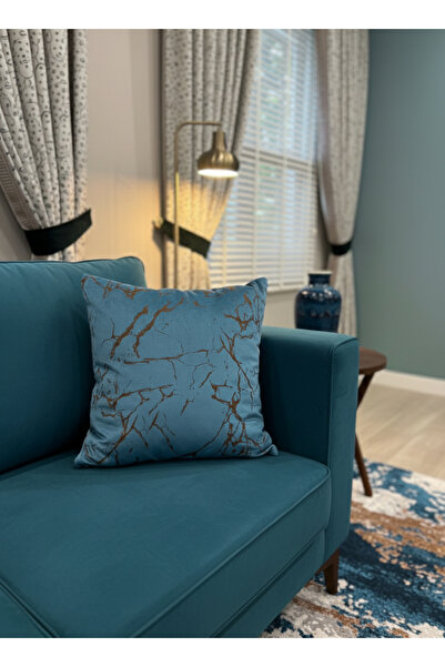 Brillant 2'li Kadife Kırlent Yastık Kılıfı Mavi-Kahve Varaklı (45X45)