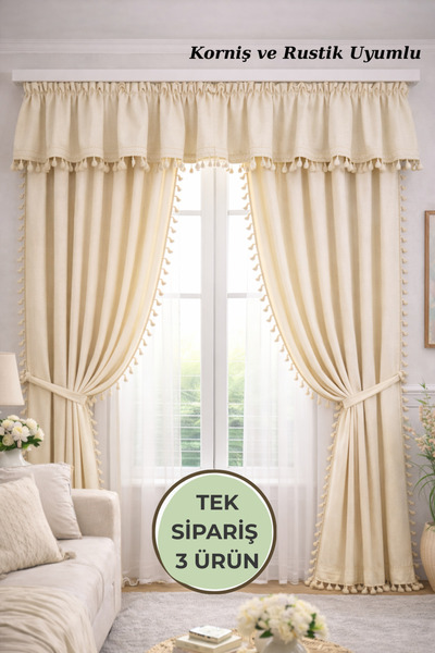perde plus Püsküllü , Farbelalı Perde Takımı – 3’lü Set, Rustik & Korniş Uyumlu