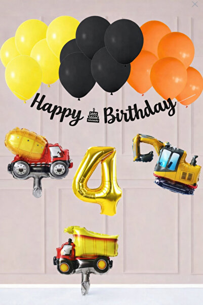 Azebu 4 Yaş İnşaat Konsept Doğum Günü Balon Seti İnşaat Araçları Tema Balon Z...