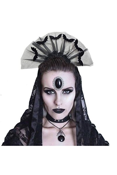 partidolu Halloween Black Bat Headband Gothic Tüllü Çiçekli Siyah Renk Yarasa...