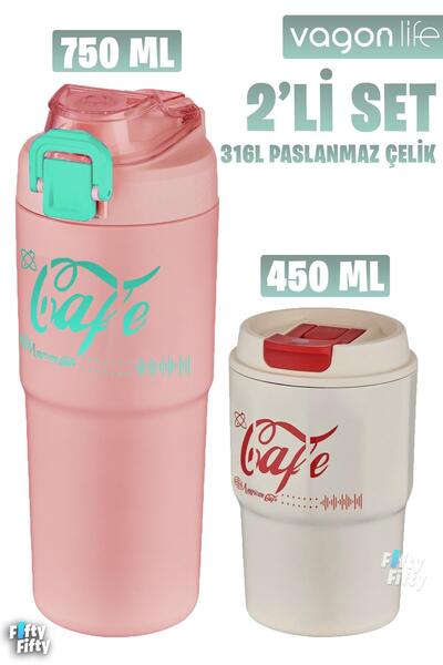 Vagonlife 2'li Çelik Termos-Kahve Bardağı Seti 750ML Çift Kullanım Termos//45...