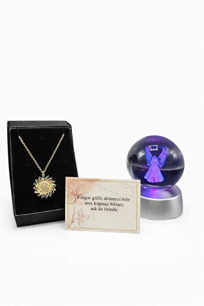 Ayenci Aşk Gülü ve Renk Değiştiren Led Işıklı Cam Satürn Kız Küresi Kolye Kutulu