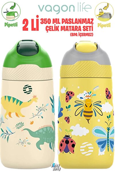 Vagonlife 2'Lİ SET 350 ML Çocuk Pipetli Çelik Matara Paslanmaz Çelik Termos 5...