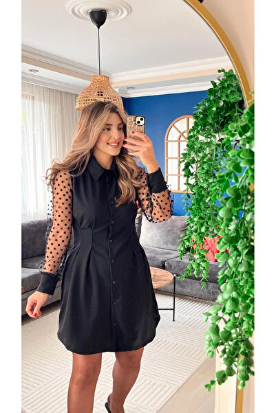 Generic Brand Women's Long Sleeve Collared Buttoned Mini Imported Crepe Dress