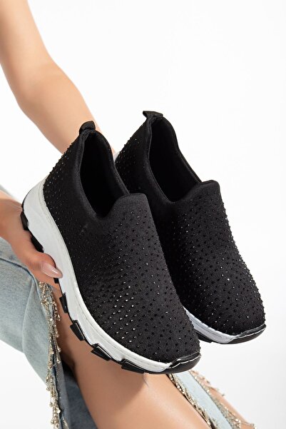 brawerlife Comfystride Kadın Siyah Taşlı Triko Çorap Spor Ayakkabı Sneaker