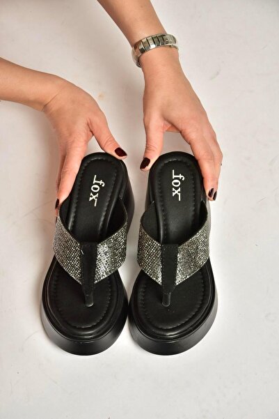 Fox Shoes Y973525309 Black Stone Detailed Flip-Flop Thick Sole Women's Slippers