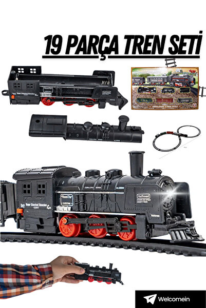 welcomein 19 Parça Işıklı Pilli Klasik Tren Seti 102 Cm 3 Binek Tren 1 Yük Tr...