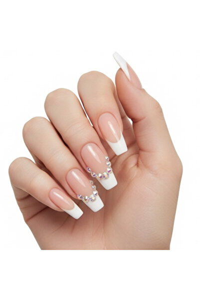 EDA LUXURY BEAUTY 24'lü Doğal Pembe Beyaz French Takma Tırnak Lüks 3d Kristal...