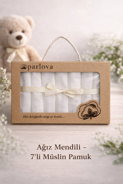 Parlova Rodos 7'li müslin ağız mendili, kutulu, %100 pamuk.
