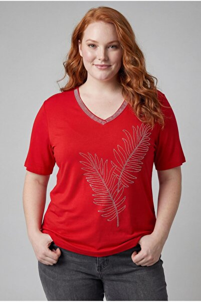 Ebsumu Γυναικεία κόκκινη μπλούζα με πέτρινη στάμπα σε μεγάλο μέγεθος