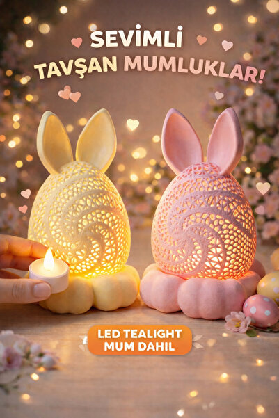 Maker Deha 2’li Dekoratif Tavşan LED Tealight Mumluk Seti (Mum Dahil) Gece La...
