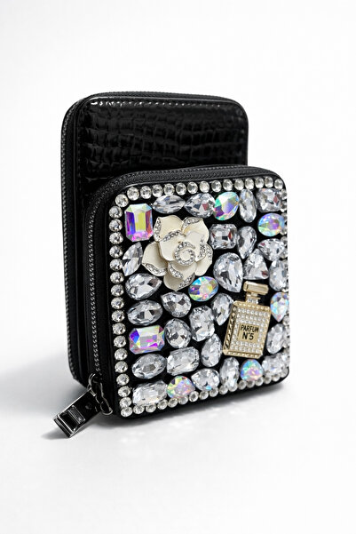 ZERVA QUEEN Stone Detailed Black Evening Dress Mini Bag – Special Design Clutch with Perfume Figure and Sparkling Features