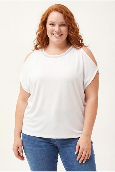 Ebsumu Women's Large Size Collar Stone Detailed Shoulder Low-cut White Blouse