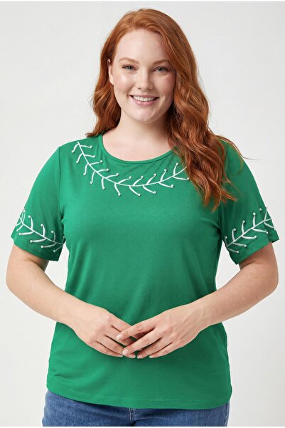 Ebsumu Bluză verde cu detaliu broderie cu ramuri de mărime Plus pentru femei