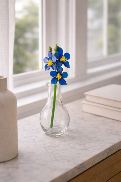 ADAMODART Lacivert Sarı Orkide Çiçeği El yapımı Cam Biblo Mini Vazolu