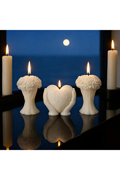 aymumi home Kırmızı Kalp & Çiçek Başlı Dekoratif Mum Seti – 3’lü El Yapımı Ro...