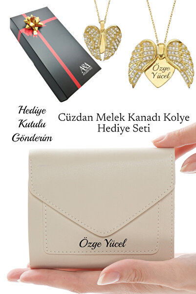 Ayleen Ayz İsme Özel Kadın Bej Deri Zarf Cüzdan ve İsimli Melek Kanadı Kolye ...
