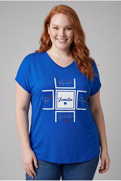 Ebsumu Γυναικεία μπλούζα Familia εμπριμέ μπλε σε συν μέγεθος