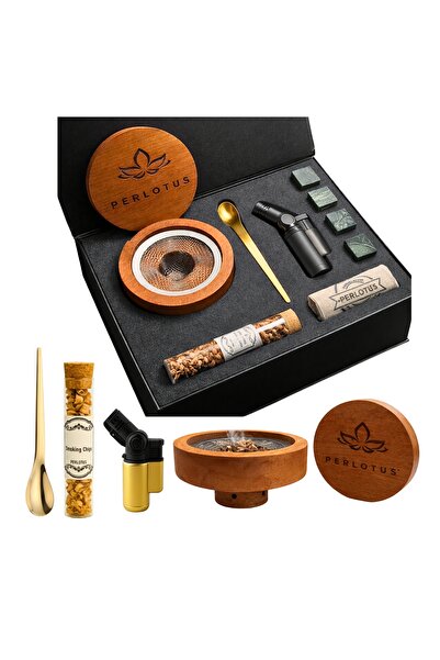 PERLOTUS Ahşap Kokteyl Viski Tütsüleme Seti (Talaş,Pürmüz,Süzgeçli Aparat,Kaş...