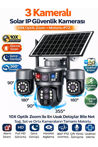 SONREİR RX99 3 Kameralı 3 Motor PTZ 4G Sim Kartlı Solar Güvenlik Kamerası Dış...