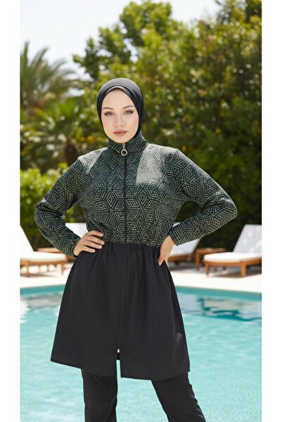 new ats Women's Fully Covered Hijab Swimsuit Patterned Bonnet and Bag Set Lamis