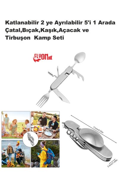 FLYONLOOK 6'sı 1 Arada Paslanmaz Çelik Kamp Çatal Kaşık Seti Konserve Açacağı...
