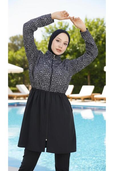 new ats Rima Women's Fully Covered Patterned Hijab Swimsuit Set of 4 with Bon...